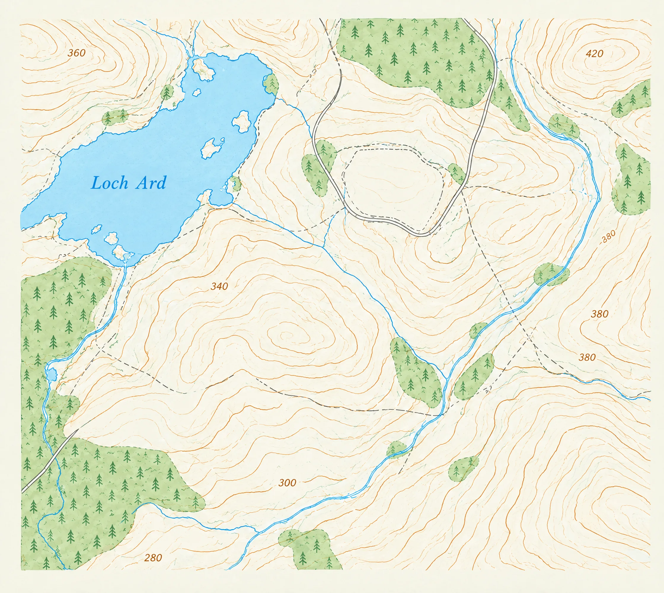 Survey map sheet of a valley with contour lines, the lake Loch Ard, woodland and a blue numbered grid. The deploy route is drawn over it.